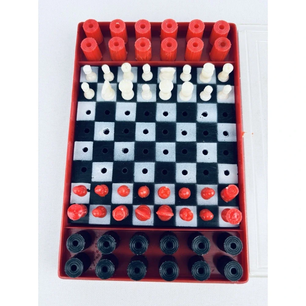 Rare Vintage 1950s Plastic Travel Chess & Checkers‎ Set YC Hong Kong Complete